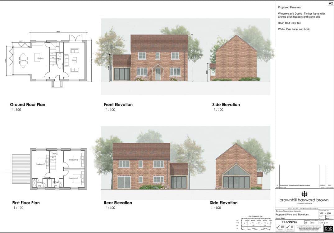 plan for replacement dwelling in shropshire green belt showing plans for ground and first floors, list of proposed materials and sketch from each side of the property