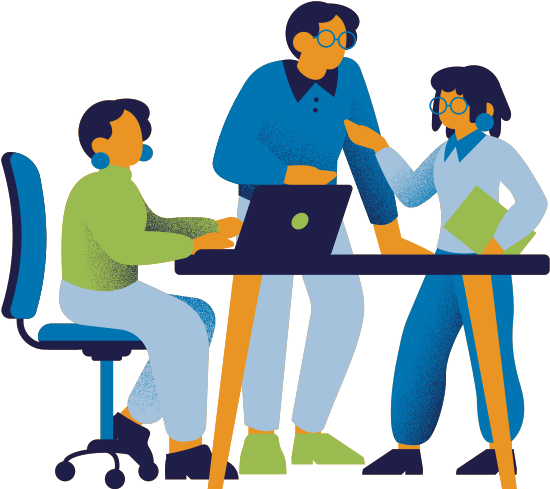 three people having meeting around a table and laptop